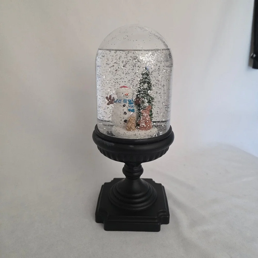 Musical Lighted Snowman & Woodland Bunnies Snow Globe on Black Pedestal Base